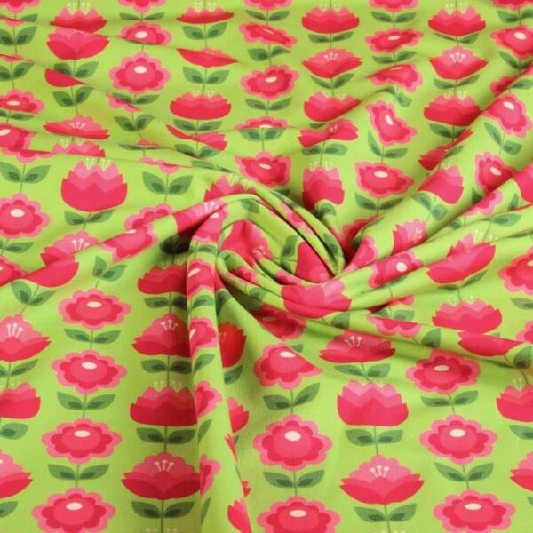 Tricot stof katoen stretch bedrukt Retro 1 exclusief