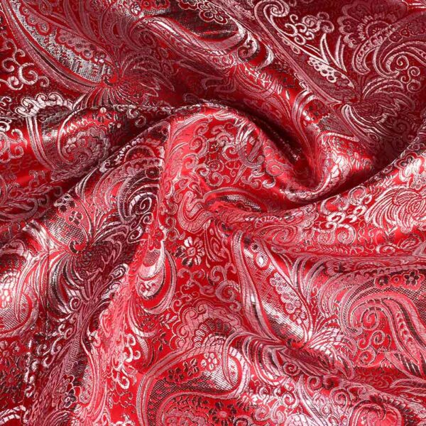 Jacquard stof paisley bloem rood zilver