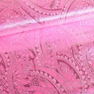 Jacquard stof bloem roze met zilver lurex