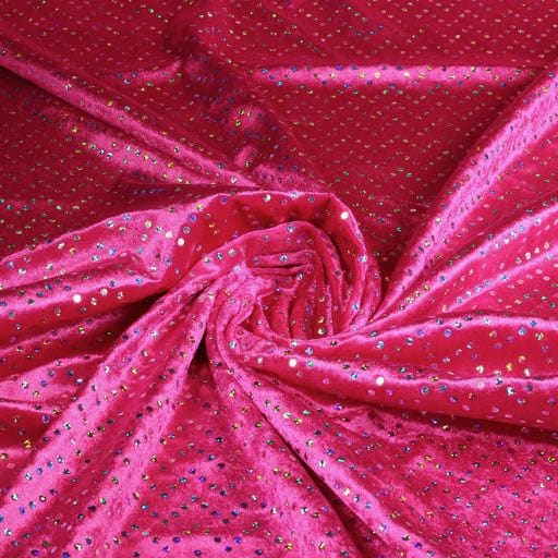 Velours de panne fuchsia met zilveren hologram pailletten