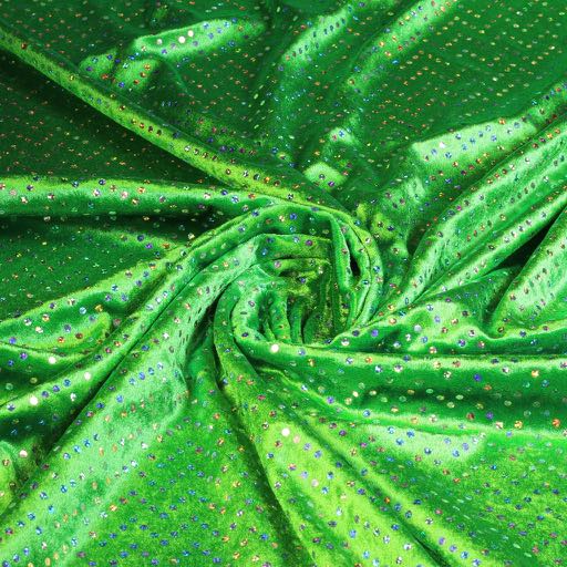 Velours de panne groen met zilveren hologram pailletten