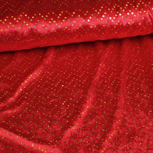 Velours de panne rood met gouden hologram pailletten