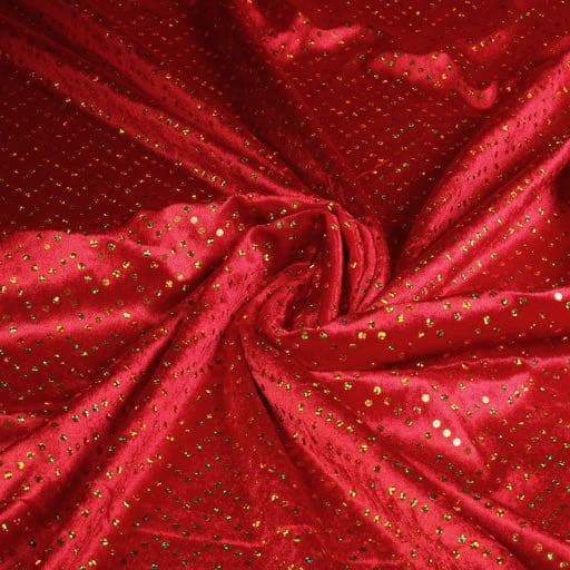 Velours de panne rood met gouden hologram pailletten