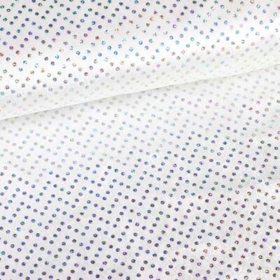 Velours de panne wit met zilveren hologram pailletten