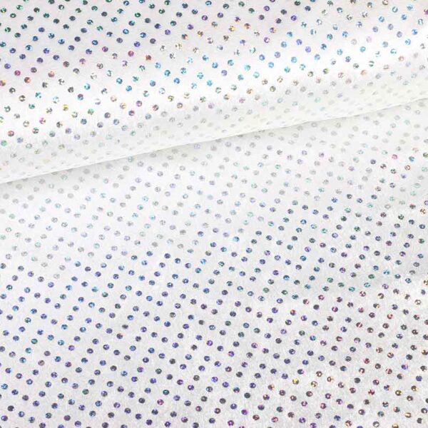 Velours de panne wit met zilveren hologram pailletten