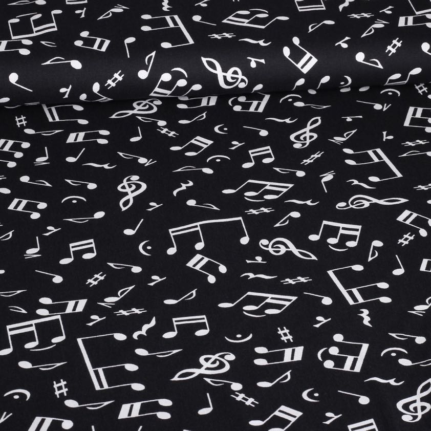 Katoen stof poplin muzieknoot zwart