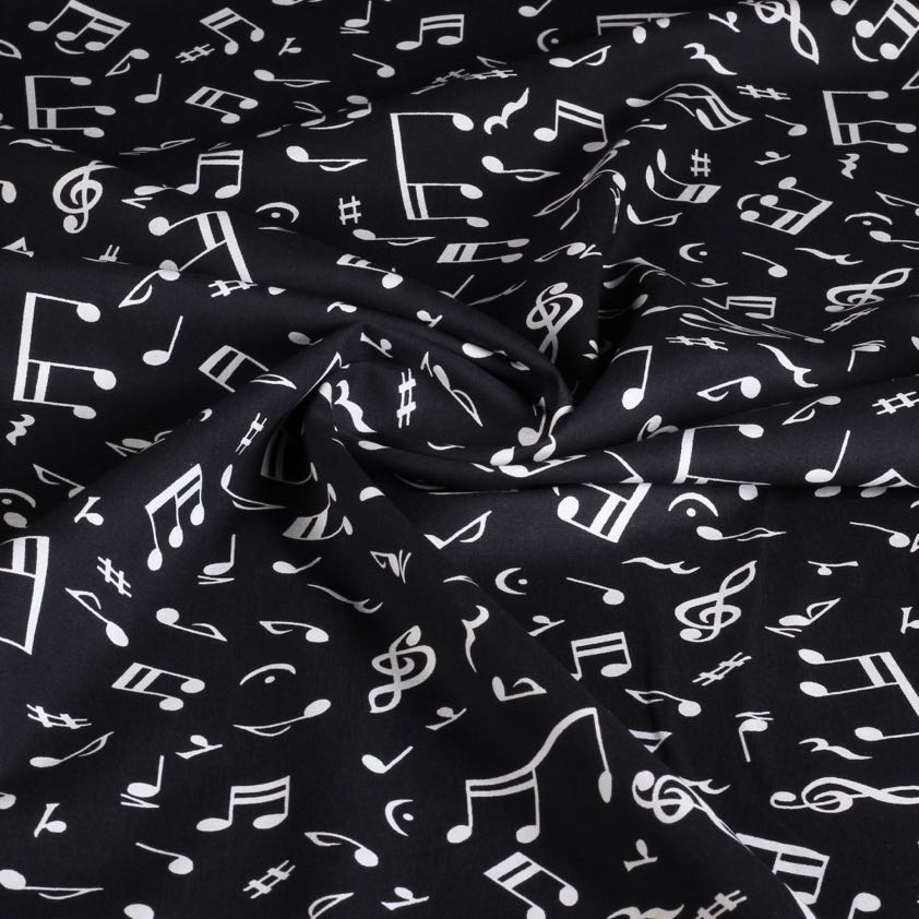 Katoen stof poplin muzieknoot zwart