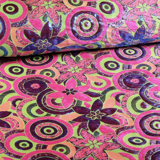 Brokaat bloem stof multicolor lime paars