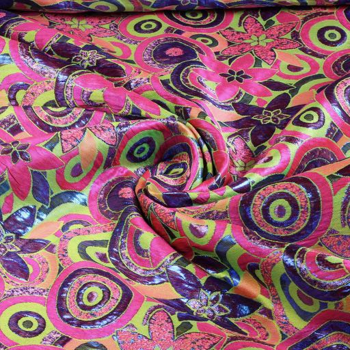Brokaat bloem stof multicolor lime paars