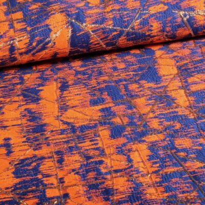 Jacquard stof goud lurex abstract oranje/kobalt