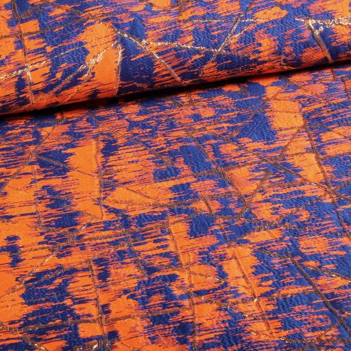 Jacquard stof goud lurex abstract oranje/kobalt