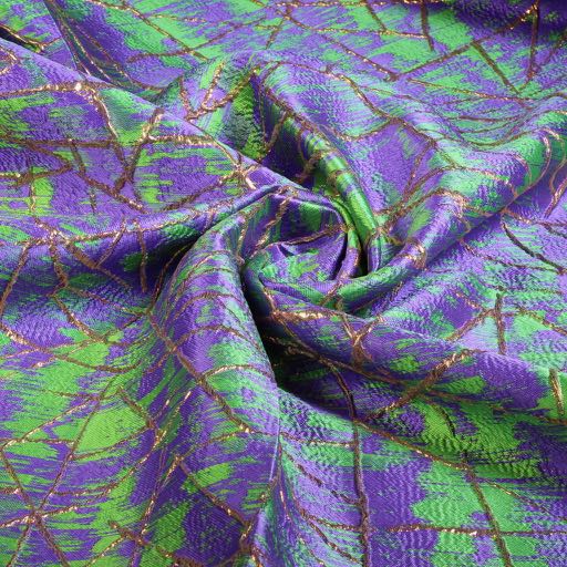 Jacquard stof goud lurex abstract groen/paars