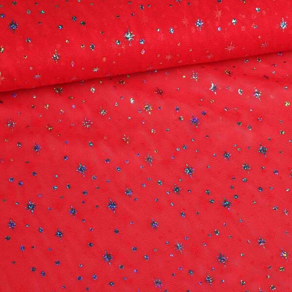 Mesh stof hologram glitter ster rood