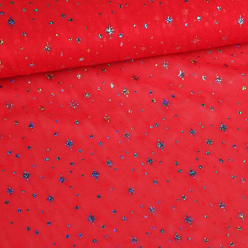 Mesh stof hologram glitter ster rood
