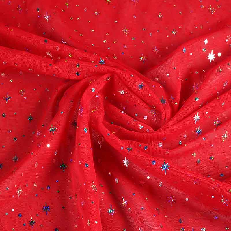 Mesh stof hologram glitter ster rood
