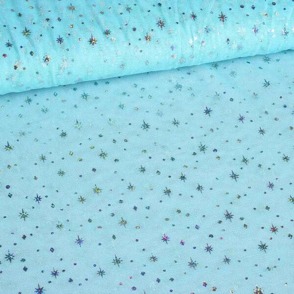Mesh stof hologram glitter ster lichtblauw