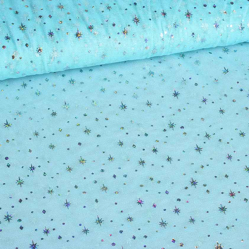 Mesh stof hologram glitter ster lichtblauw