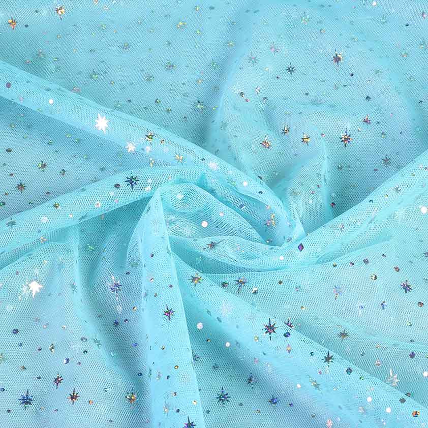 Mesh stof hologram glitter ster lichtblauw