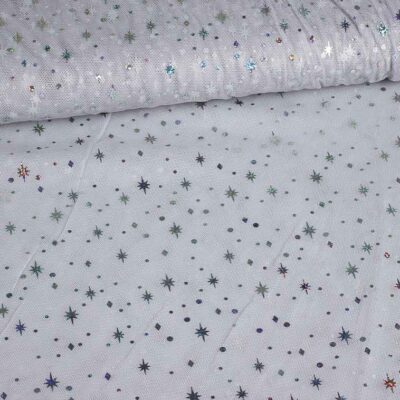 Mesh stof hologram glitter ster lichtgrijs