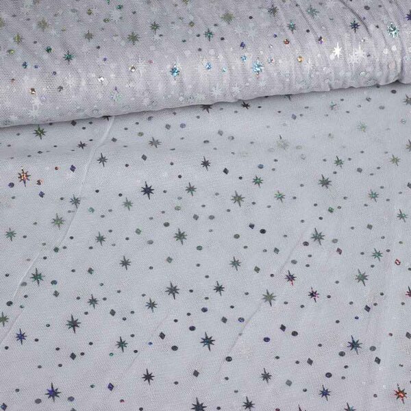 Mesh stof hologram glitter ster lichtgrijs