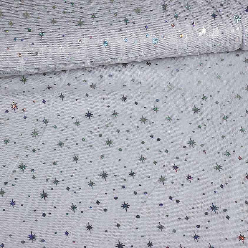 Mesh stof hologram glitter ster lichtgrijs