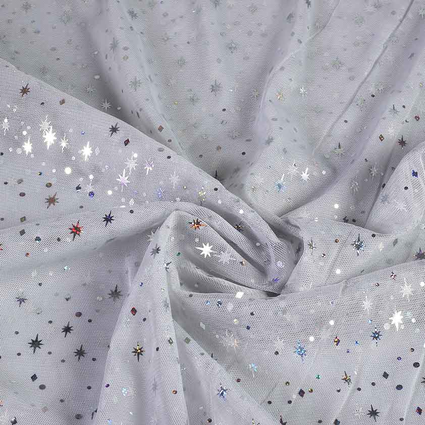 Mesh stof hologram glitter ster lichtgrijs