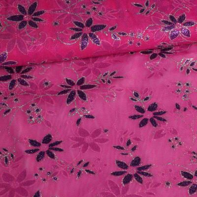 Mesh stof glitter bloem fuchsia