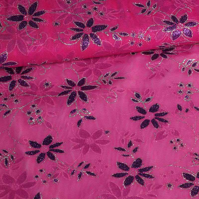 Mesh stof glitter bloem fuchsia