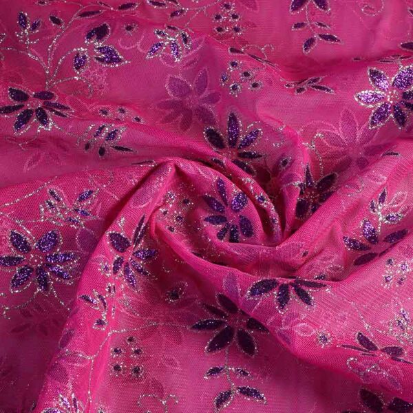 Mesh stof glitter bloem fuchsia