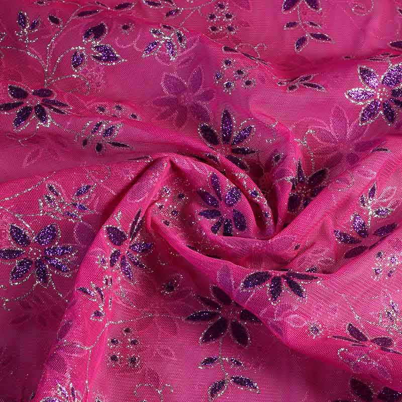 Mesh stof glitter bloem fuchsia