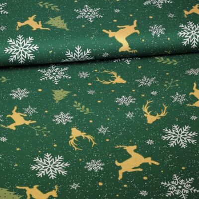 Poplin stof hertjes groen/goud