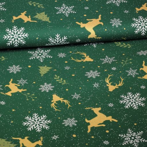 Poplin stof hertjes groen/goud