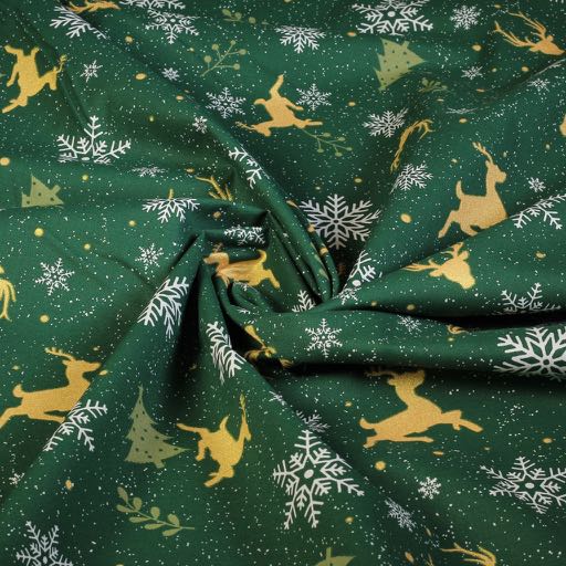 Poplin stof hertjes groen/goud
