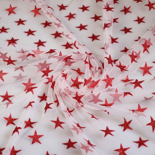 Mesh stof glitter ster rood