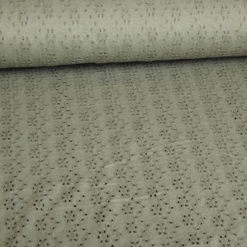 Jersey broderie stof army groen