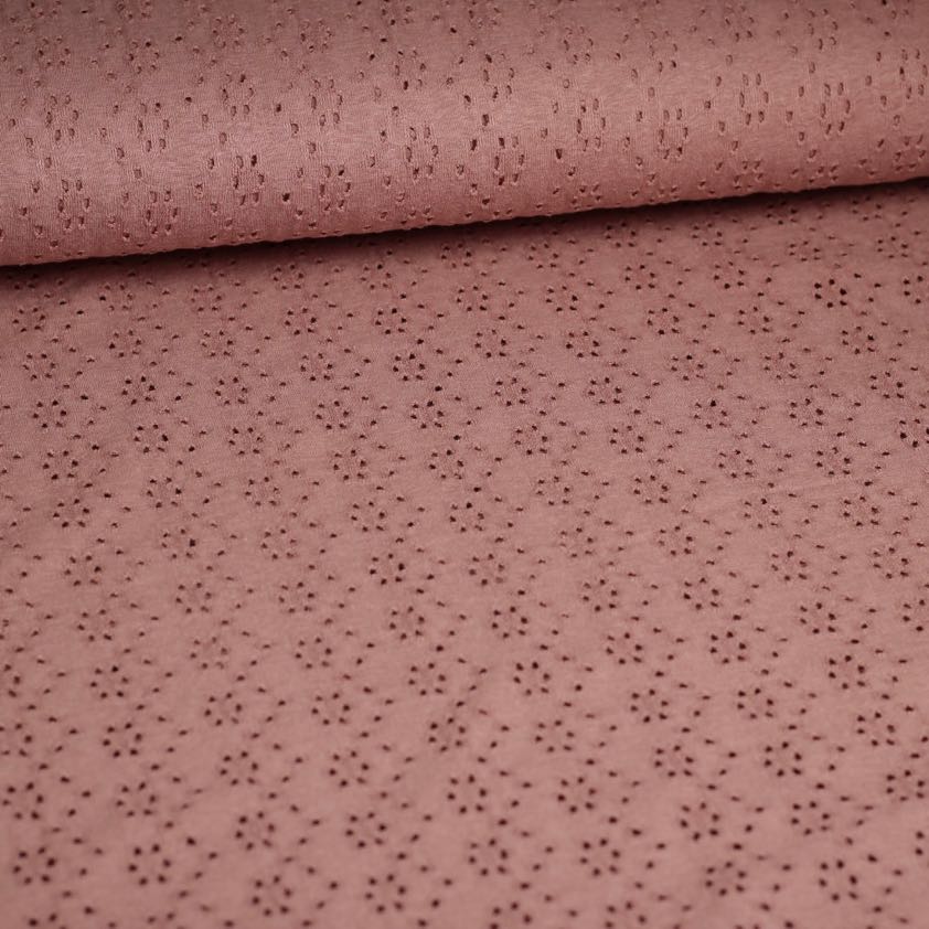Jersey broderie stof donker oud roze