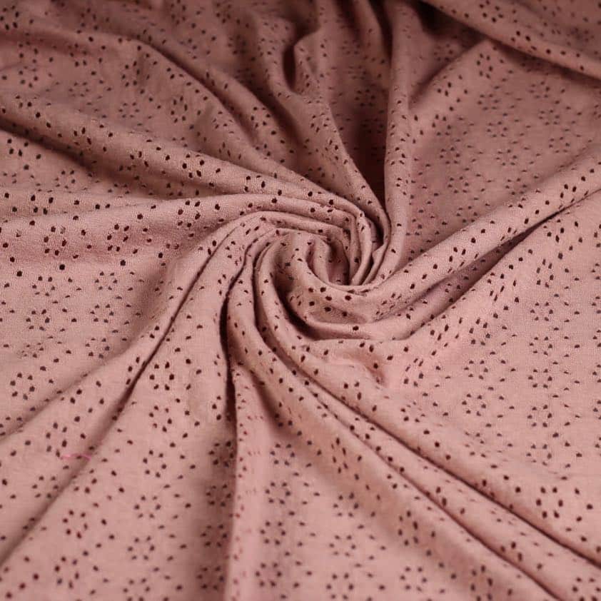 Jersey broderie stof donker oud roze