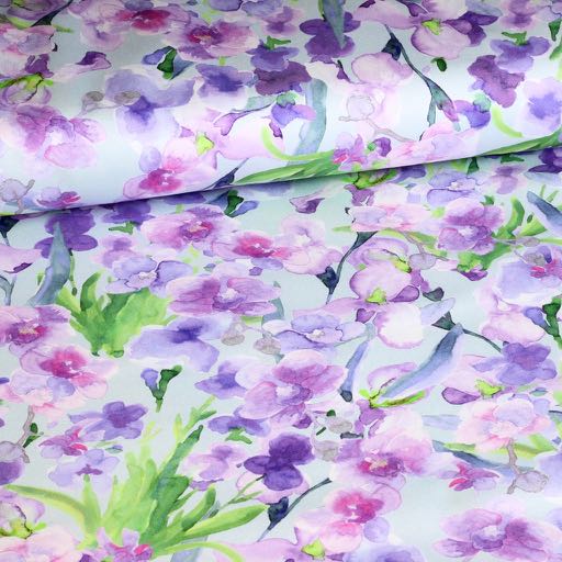 Katoen stretch satijn aquarel bloem licht blauw