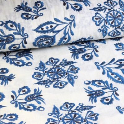Katoen broderie retro bloem blauw