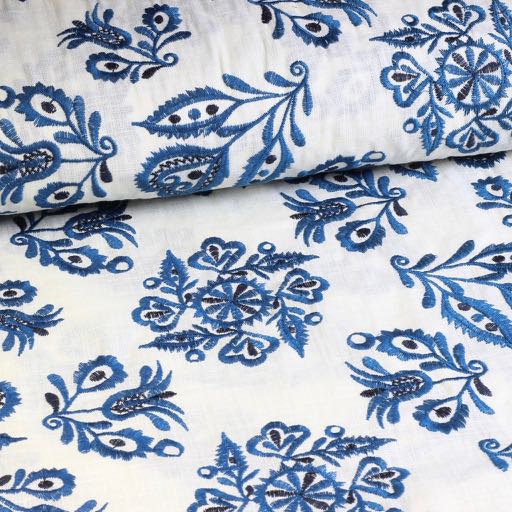 Katoen broderie retro bloem blauw