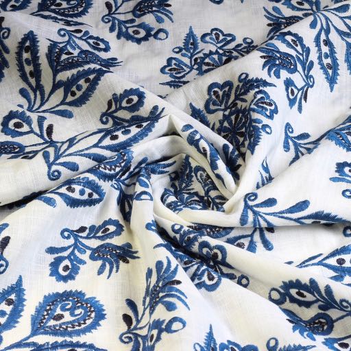 Katoen broderie retro bloem blauw