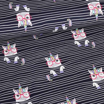 Tricot stof digitaal bedrukt eenhoorn streep navy