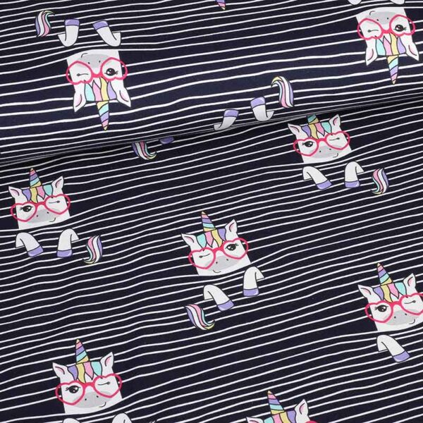 Tricot stof digitaal bedrukt eenhoorn streep navy
