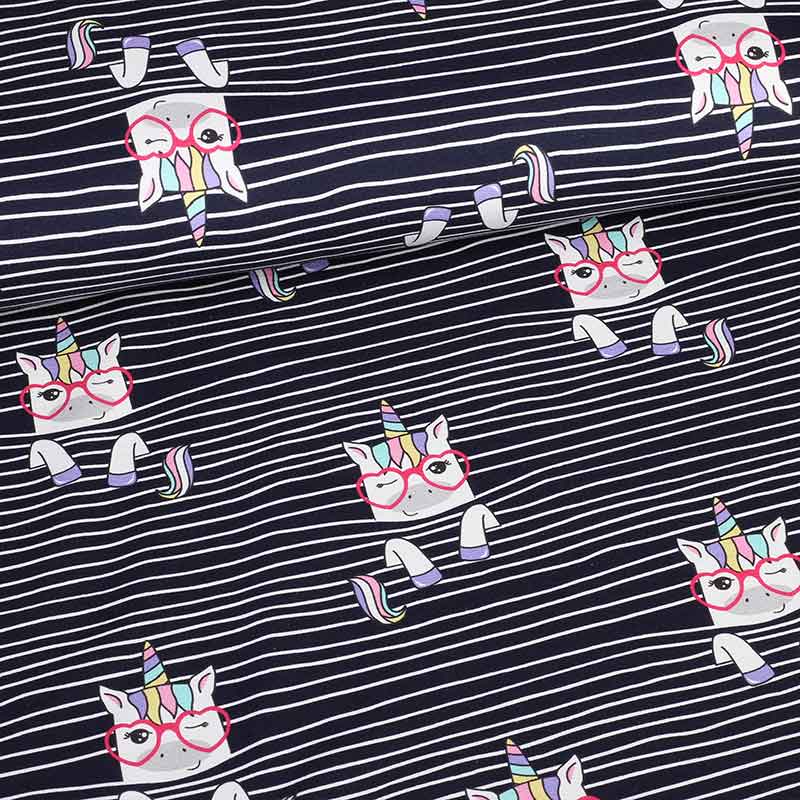 Tricot stof digitaal bedrukt eenhoorn streep navy