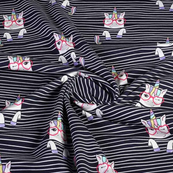 Tricot stof digitaal bedrukt eenhoorn streep navy