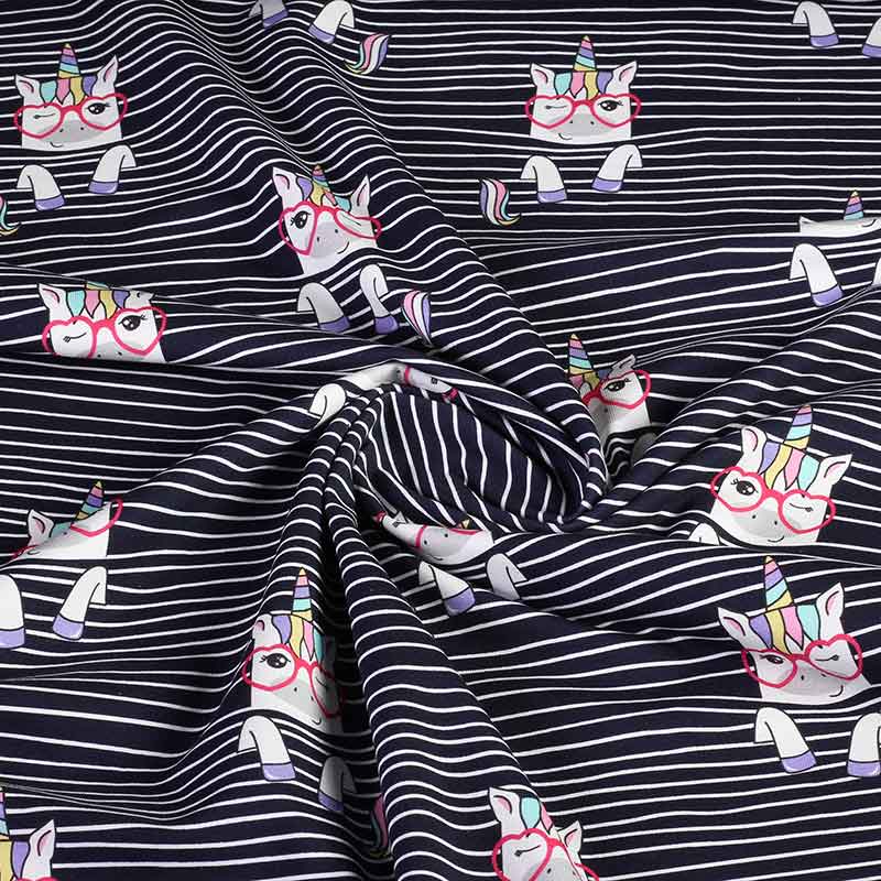 Tricot stof digitaal bedrukt eenhoorn streep navy