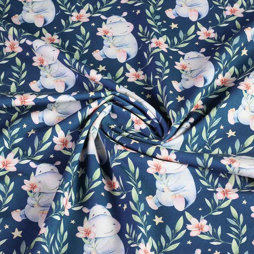 Tricot stof digitaal bedrukt nijlpaard jeans