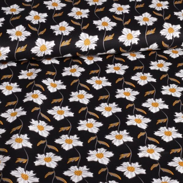 Poplin stof fantasie margriet zwart