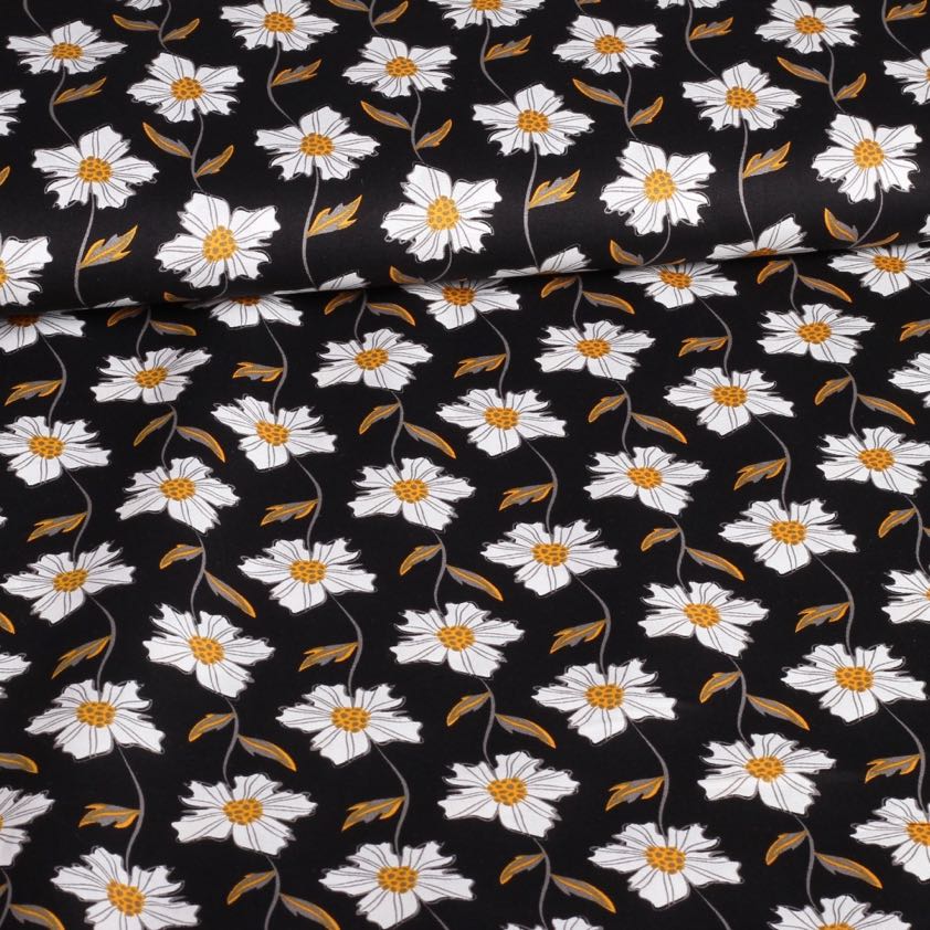 Poplin stof fantasie margriet zwart