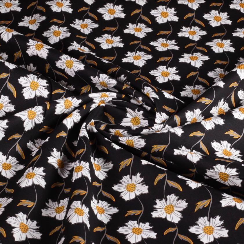 Poplin stof fantasie margriet zwart